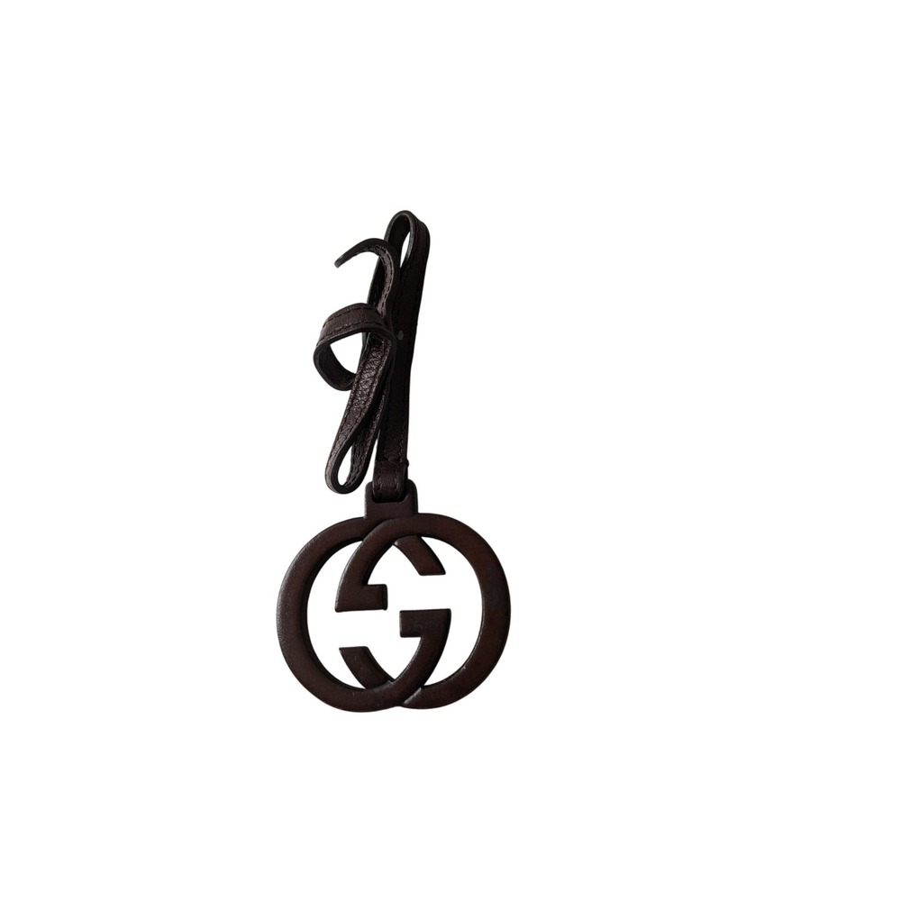 Gucci Interlocking G Wood Bag Charm Dark Brown Leather Strap Accessory
